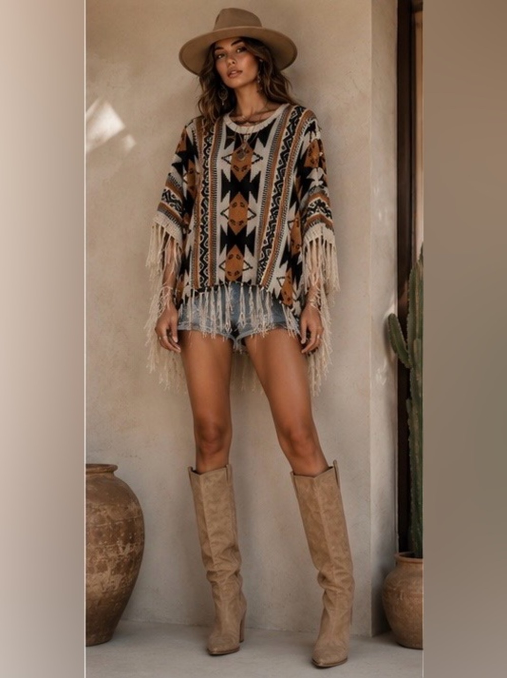 Ya Los Angeles Aztec Southwestern Fringe Poncho Knit Sweater NWT | Boho Festival